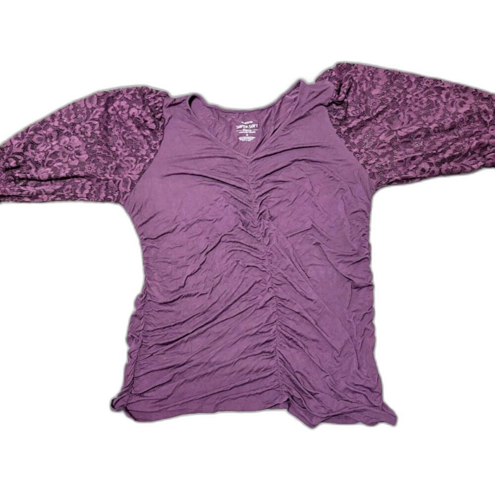 Torrid Tunic 3X Super Soft Knit Purple Ruched Drapey Lace Sleeve Bohochic